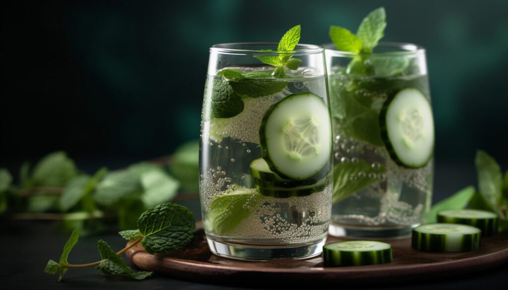 Fresh highball cocktails with cucumber, mint and ice