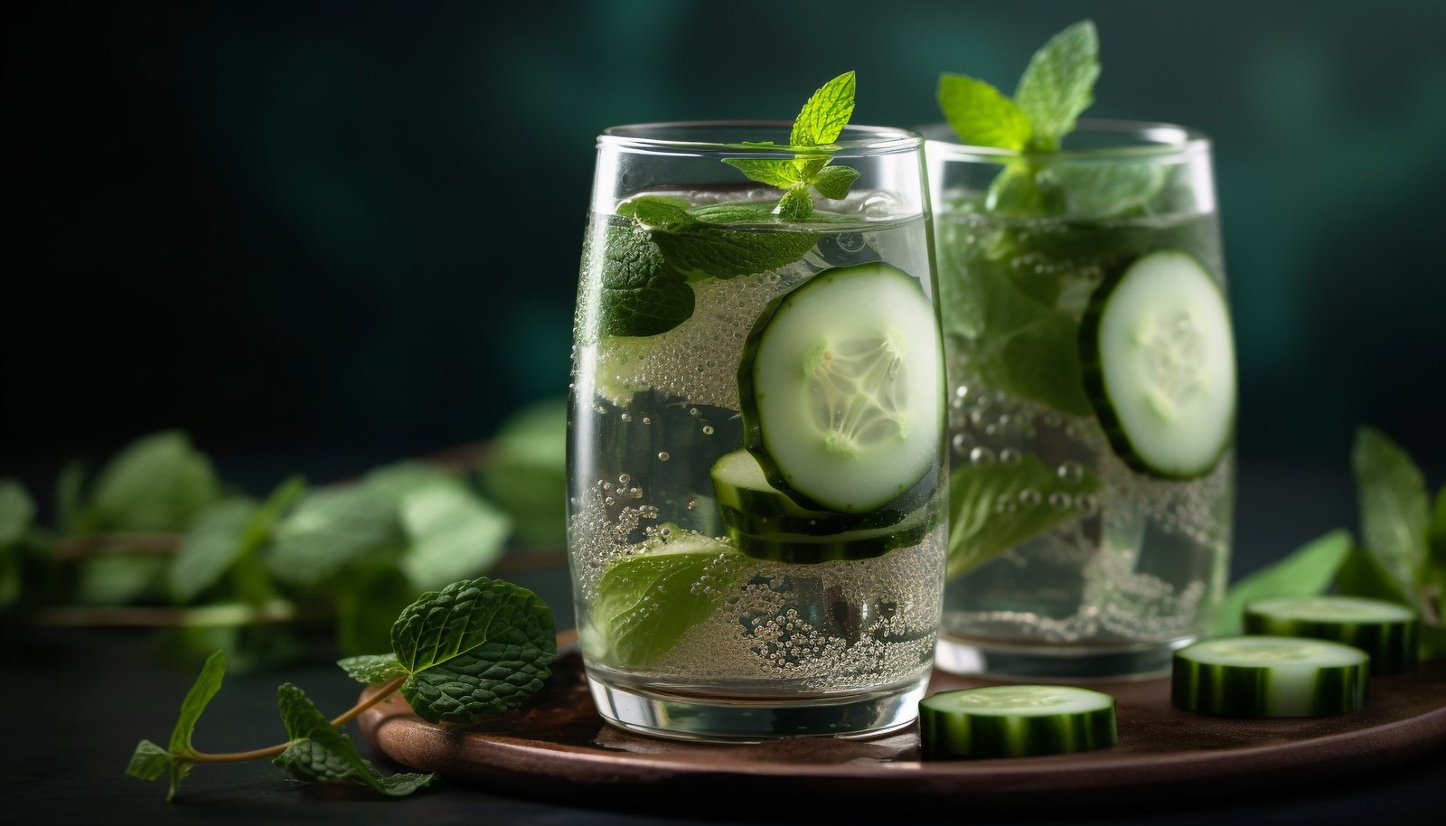 Fresh highball cocktails with cucumber, mint and ice