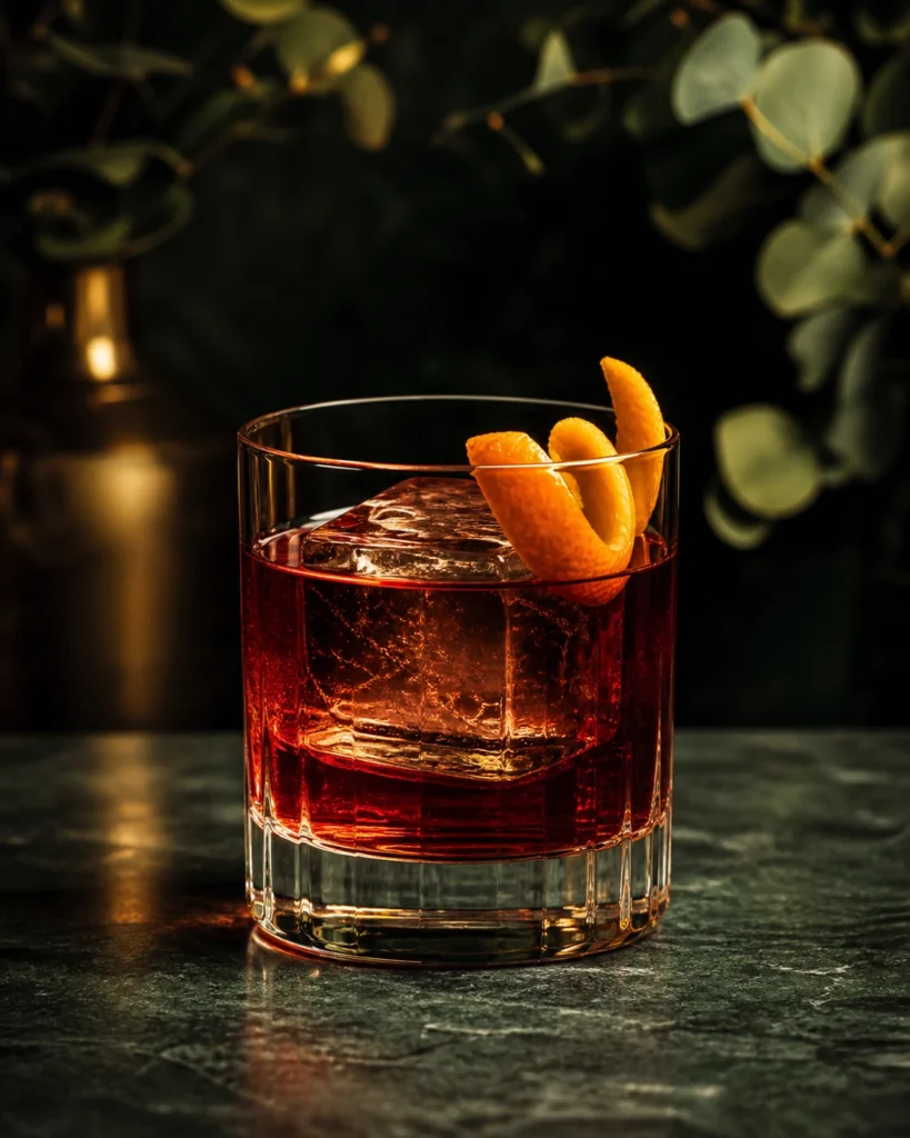 Negroni cocktail with orange peel in a dark green bar setting