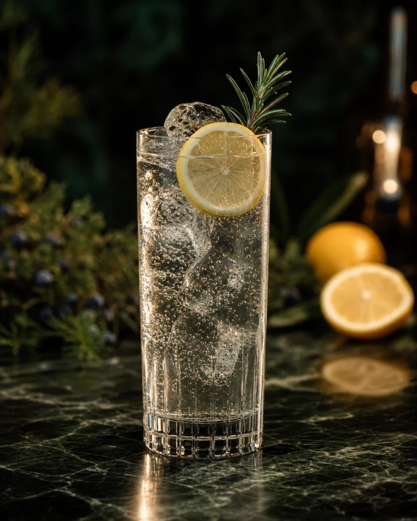 Tom Collins cocktail with lemon and rosemary in a dark green bar setting