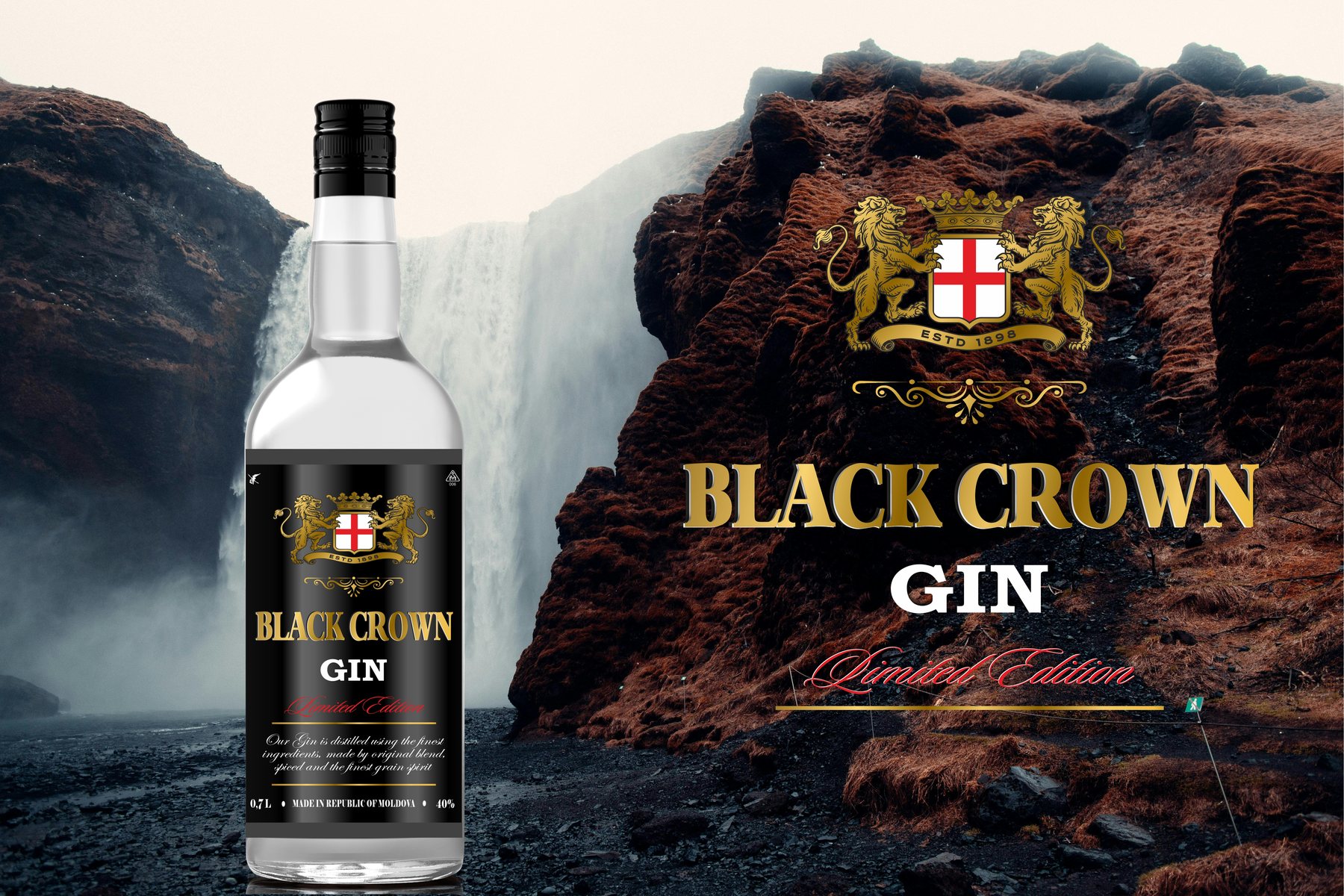 Black Crown gin bottle against a rocky landscape