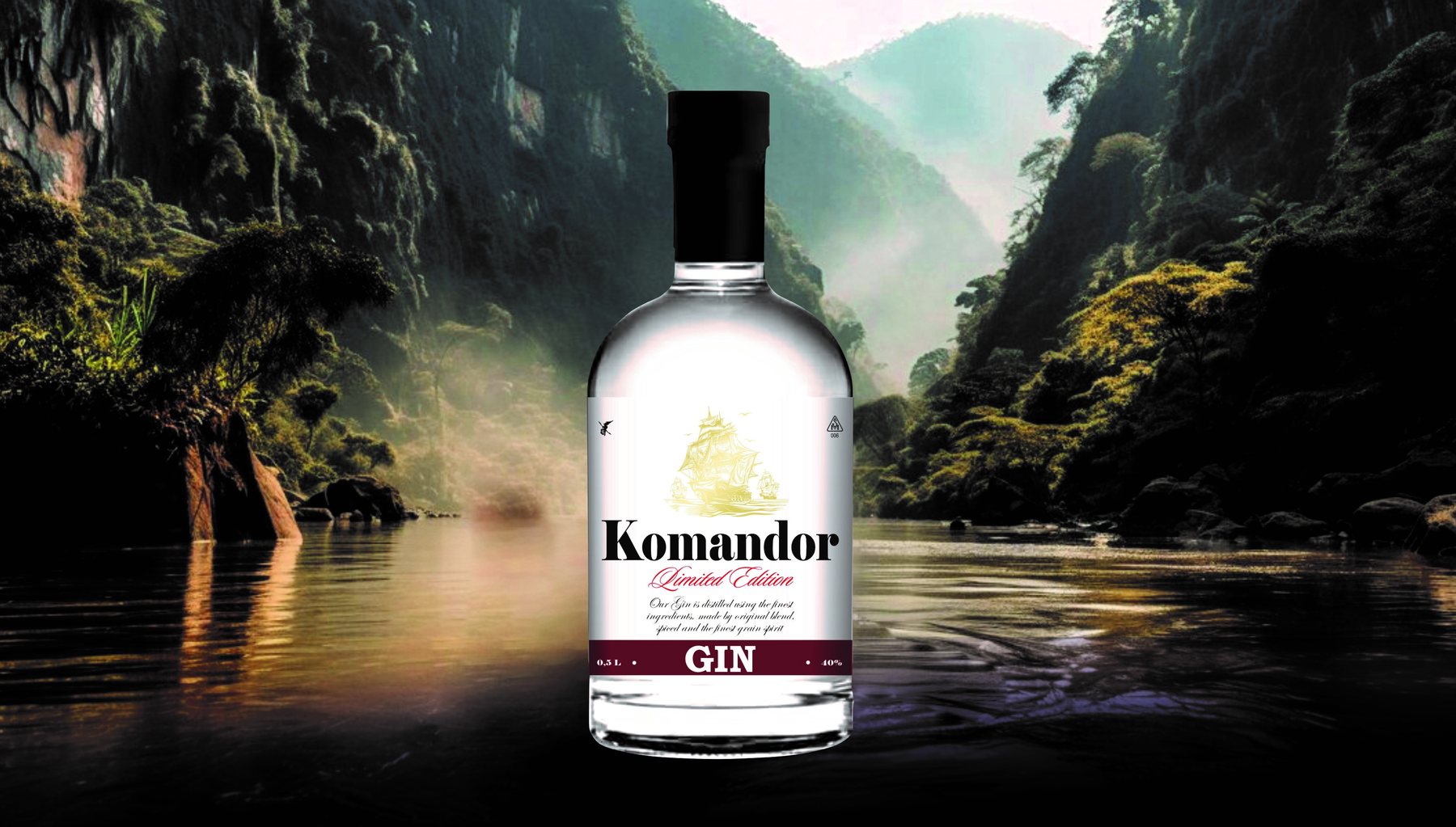 Komandor gin bottle in a mountain landscape